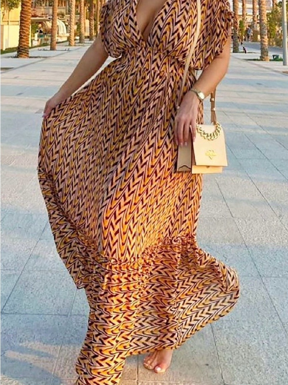 Women’s Yellow Patterned Maxi Dress with Deep V-Neck